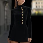 2025 Women's New Autumn Style Slim Fit Solid Color Short Sleeved Stand Up Collar Single Breasted Dress - Image 6