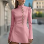 2025 Women's New Autumn Style Slim Fit Solid Color Short Sleeved Stand Up Collar Single Breasted Dress - Image 8