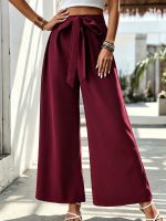 Women Woven High Waist Wide Leg Pants With Self Tie Belt