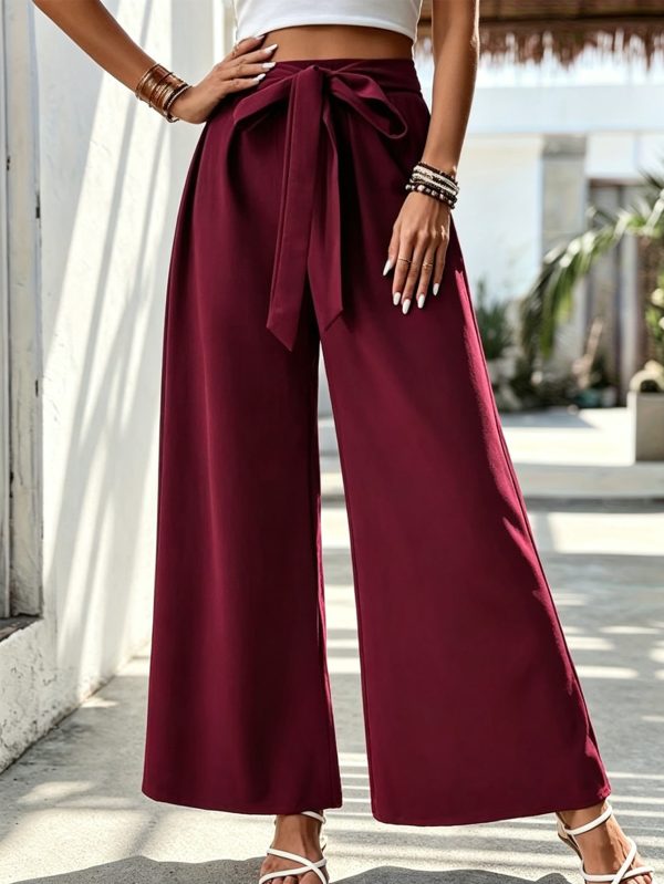 Women Woven High Waist Wide Leg Pants With Self Tie Belt
