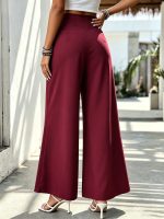 Women Woven High Waist Wide Leg Pants With Self Tie Belt - Image 5