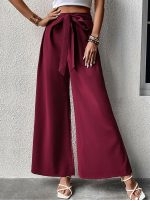 Women Woven High Waist Wide Leg Pants With Self Tie Belt - Image 3