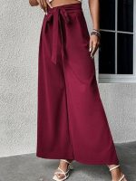 Women Woven High Waist Wide Leg Pants With Self Tie Belt - Image 4