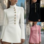 2025 Women's New Autumn Style Slim Fit Solid Color Short Sleeved Stand Up Collar Single Breasted Dress - Image 2